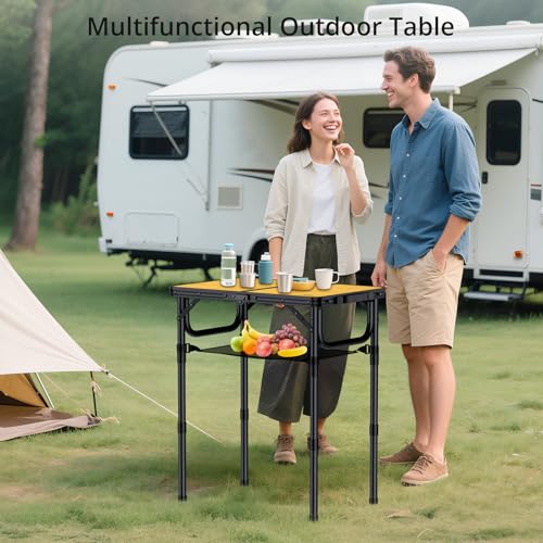 Anbte 2ft Camping Table Foldable with Storage Net, 3 Adjustable Heights Aluminum Small Folding Table Lightweight, Portable Handle for Travel Outdoor Beach Camping Picnic, 23.2" x 16", Light Oak Grain - color: Light Oak Grain, size: 24"L x 16"W x 27.5H"