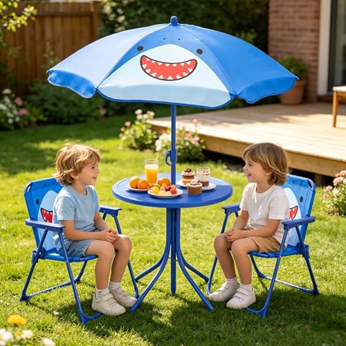 KOTEK Kids Picnic Table with Umbrella, Outdoor Table & 2 Folding Chairs, Cute Pattern Children’s Patio Furniture, Portable Kids Table and Chair Set for Backyard, Garden, Beach (Blue Shark) - color: Blue Shark