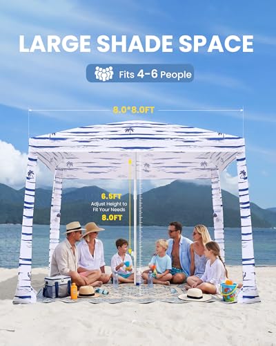 Qipi Beach Cabanas for Sand, Beach Canopy with Sandbags & Side Wall for Family, Easy Set Up Sun Shelter, UPF 50+ UV Protection with Roof Vent - color: 8' x 8' Navy Sailor Dual-Fold