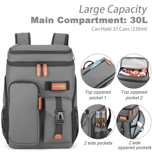 BAGPARKK Insulated Cooler Backpack,33/45 Cans Multifunctional Double Deck Leakproof Cooler Bag with Sternum Strap,Large Capacity Lightweight Travel Camping Beach Backpack - color: Grey, size: 33Can