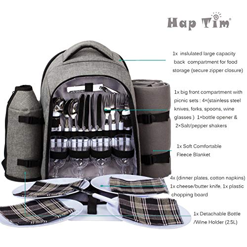 Hap Tim Picnic Basket Backpack for 4 Person with Insulated Cooler Compartment, Wine Holder, Fleece Blanket, Cutlery Set, Engagement Gifts for Couples, Bridal Shower Gift, Wedding Registry Gifts (3263) - color: Gray1, size: 4 Person