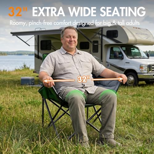 Portal 32" Oversized Camping Chair, Foldable Heavy Duty 350 lb Padded Ergonomic Seat for Big & Tall Adults, Pinch-Free Extra Wide Design Featuring Cup Holder & Carry Bag for Fishing, Lawn & Sidelines - color: Green, style: 2 Pack