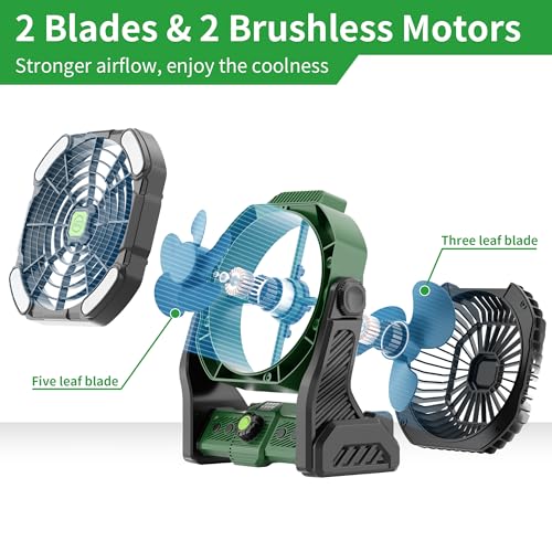 20000mAh Portable Camping Fan Rechargeable Portable fan for Travel Battery Powered Fan with LED Lantern,270° Rotation,USB Desk fan Battery Rechargeable Fan Tent Fan for camping essentials with Hook - color: X26 Green