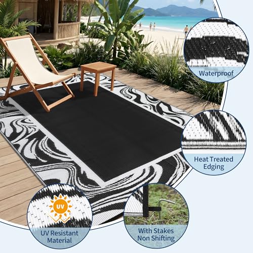 Garvee 8x10 Waterproof Black and White Outdoor Rug Waterproof Weather Resistant Plastic Straw Patio Rug Reversible Large Outdoor Carpet for Picnic, Backyard, Beach, Deck, Camper, Balcony, Black White - color: Black White, size: 8' x 10' (Rectangular)