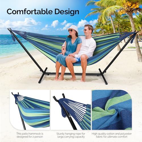 ONCLOUD 550 LBS Capacity Double Hammock with Stand Included with Portable Carrying Bag, Heavy Duty 2-Person Hammock for Outdoors & Indoors - Desert Stripe, Series TDCTZ1 - Blue Green Stripe