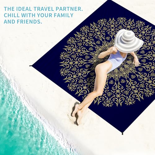 Beach Blanket Waterproof Sandproof 78''×81'' Large Suits 1-5 Adults Oversized Lightweight Picnic Mat Beach Blanket Water Resistant for Camping Hiking Travel Picnic - color: Navy Mandala, size: 78''x81''