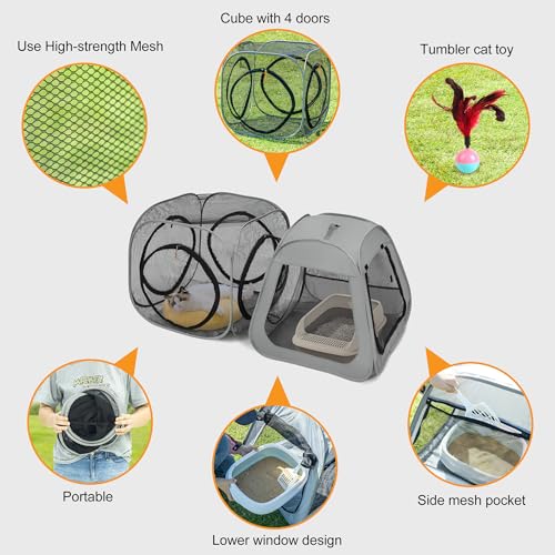 Portable Cat Playpen, Trapezoidal Design for Better Standing, Foldable Pet Tent for Indoor and Outdoor Use of Kitten and Puppy, Dog Play Enclosure with Removable Bottom, Cat Houses & Condos - color: Black-Cube all Mesh