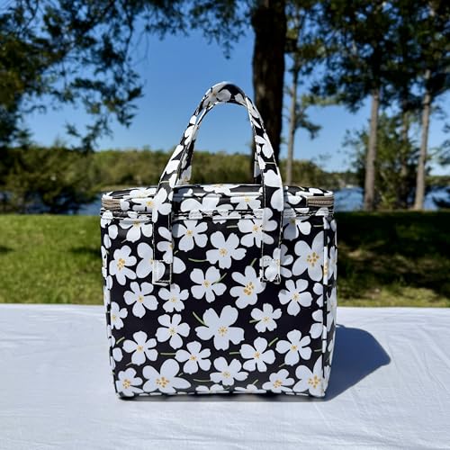Kwang Min Floral Insulated Lunch Bag for Women,Reusable Lunch Box,Large Cooler for Office,Picnic Outdoors,Premium Quality Waterproof Fabric,Ideal Gift for Outdoors and work (Black Rose) - color: Black Cosmo