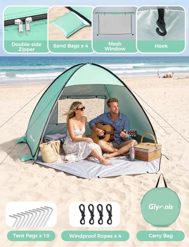 Glymnis Pop Up Beach Tent Beach Shade Tent for 1-4 Persons Sun Shelter UPF 50+ Enclose Zipper Door Portable Easy Up Beach Tent - style: Green for 3-4 Person