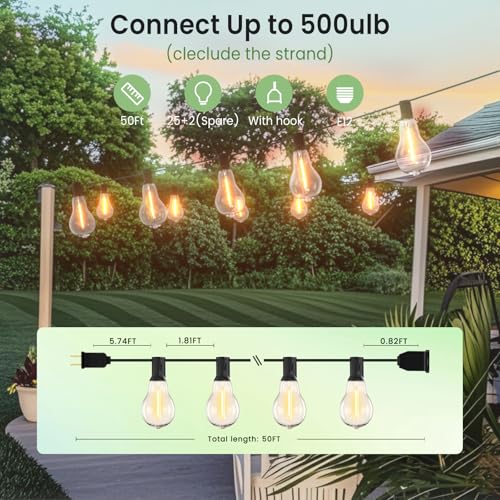 Outdoor String Lights 50FT LED String Lights for Outside with 27 A39 Waterproof Edison Bulbs (2 Spare), Patio Lights Outside Hanging for Bistro,Balcony,Porch,Yard,Garden,Black Cord - color: Black, size: 50ft