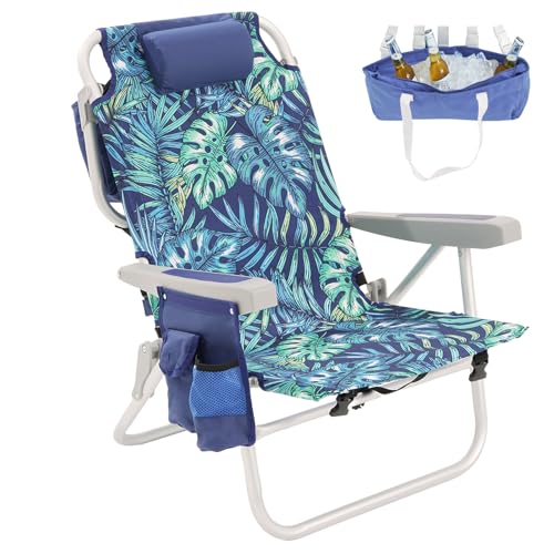 SUNNYFEEL Low Beach Chair, 5-Position Lay Flat Reclining, Backpack Portable Folding Chair with Cooler Bag & Cup Holder, Heavy Duty 350 LBS, Compact for Beach, Camping, Travel - color: Blue Rainforest, size: 1-pack
