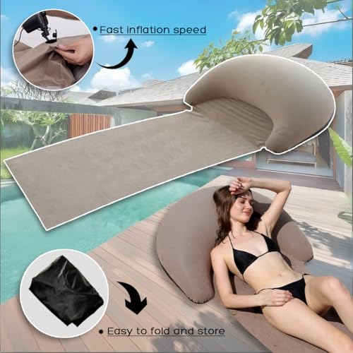 Inflatable Beach Mat Lounge Chair, Outdoor Sunbathing Sleeping Pad with Inflatable Pillow, Portable Flocking Beach Lounge Chair, Suitable for Lawn, Outdoor Camping, Travel, Beach Vacation (Khaki) - color: Khaki