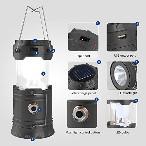 Censinda LED Camping Lantern, Solar and Rechargeable Lantern Flashlight Collapsible and Portable Light for Daily/Camp/Hiking/Night Fishing/Emergency/Hurricanes/Storm(Black, 1 Pack) - style: Black