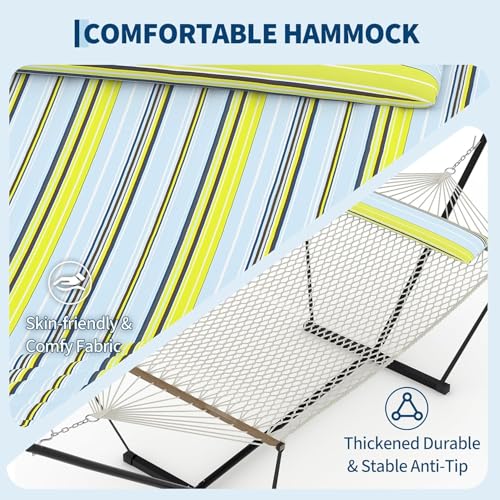 2 Person Outdoor Hammock with Stand, Person Cotton Rope Hammock with Polyester Pad, Portable Hammock with Carrying Bag, for Patio, Garden, Beach, Backyard Camping - color: Blue