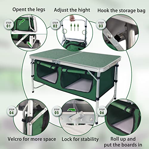 CampLand Outdoor Folding Table Aluminum Lightweight Height Adjustable with Storage Organizer for BBQ, Party, Camping - color: Green