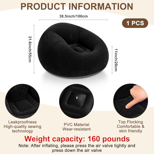 Realspring Inflatable Bean Bag Chairs for Adult Blow up Chairs Lazy Sofa Folding Portable Inflatable Chair for Movie Outdoor Room Bedroom Reading Camping(Black) - color: Black
