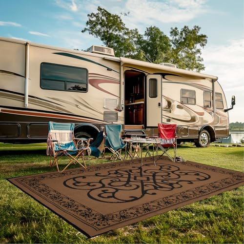 Outdoor Rug 6 x 9 ft, Reversible Plastic Straw Rug for Patio, Waterproof Large Outdoor Carpet for RV, Patio, Camping, Backyard, Deck, Picnic, Beach - color: Pattern Black/Brown, size: 6'x9'