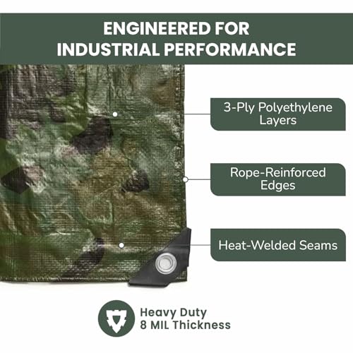 Tarps Now 10x20 ft Heavy Duty Camo Tarpaulin – 8 MIL Waterproof Camouflage Plastic Tarps with Aluminum Grommets, Reinforced Edges & Tear Resistant Cover for Camping, Roofing, Construction, Outdoor Use - size: 10' x 20'