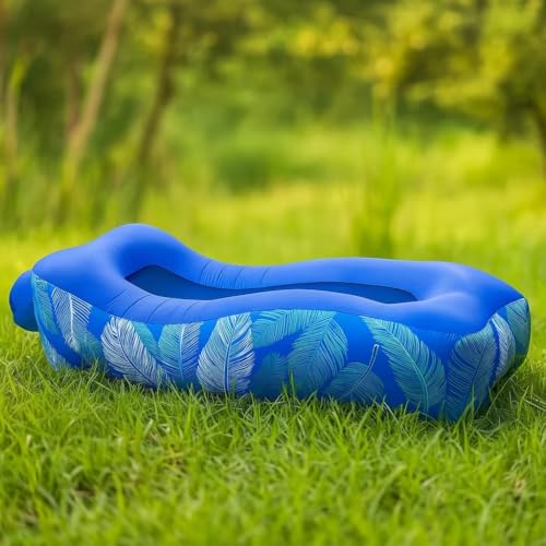 Inflatable Lounger Sofa Bed Blue Leaf Print 210T Tear Protective Nylon with Breathable Mesh Safety Buckle Windproof Nails for Beach Camping Outdoor