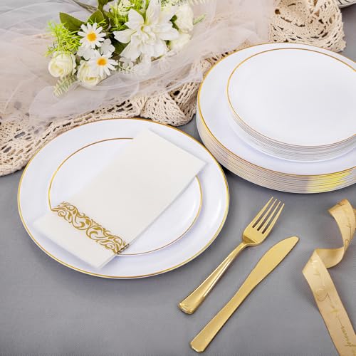 Supernal 350pcs White and Gold Plastic Plates,Gold Plastic Dinnerware for 50 Guests Include 100 White Disposable Plate, 150 Gold Silverware Set, 50 Disposable Cups, 50 Napkins - color: 350pcs White Plastic Plates with Gold Rim