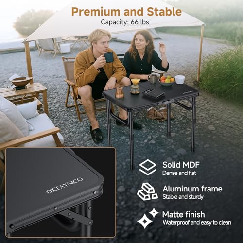 Folding Camping Table, 22" x 15" Picnic Table with 3 Adjustable Height Max 27.5", Matte Black Aluminum Folding Table with Handle for Party, Dining, Garden, Patio, Market - style: 2-Fold MDF Tabletop