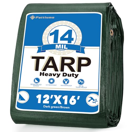 Pattiumo Tarp Waterproof 12 X 16 FT 14 Mil Heavy Duty Tarp Multipurpose Tarps Heavy Duty Waterproof Protective Cover UV All Weather Resistant for Shelter Camping, Green/Brown - color: Green/Brown, size: 12x16ft