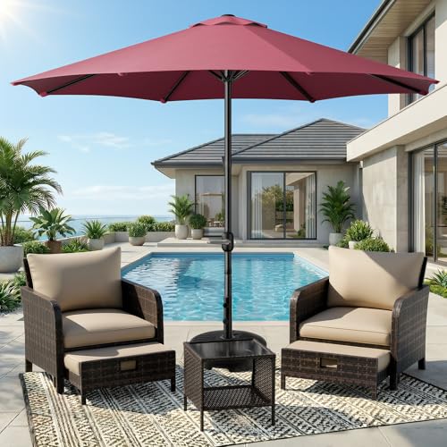 LEVELEVE 9FT Outdoor Patio Umbrella with Easy Crank - UV Resistant & Waterproof Market Umbrella with Ventilated Canopy, 8 Sturdy Ribs & Powder-Coated Frame for Garden, Deck, Backyard, Pool, Patio Table - color: Dark Red, size: 9FT