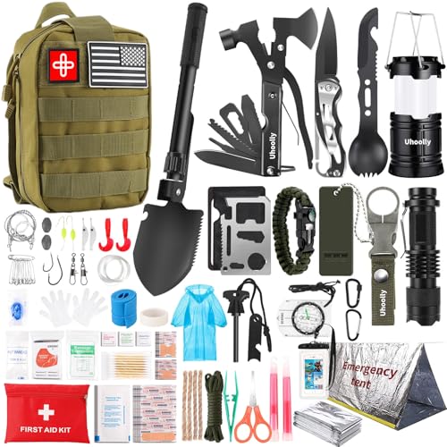 Survival Kit, Gifts for Men Women Teen Boys, 252 pcs Survival Gear and Equipment Mini First Aid Kit for Car Home, Emergency Kit with Molle System for Earthquake, Outdoor Adventure, Car Travel - style: 252pcs-green