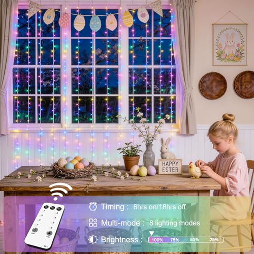JMEXSUSS 300LED Easter Decorations Curtain Lights with Remote, 9.8x9.8ft Easter Sting Lights Plug in for Bedroom Wall Window Party Backdrop Porch Patio Garden Yard Indoor Outdoor Decor - color: Easter Color, size: 300 LED