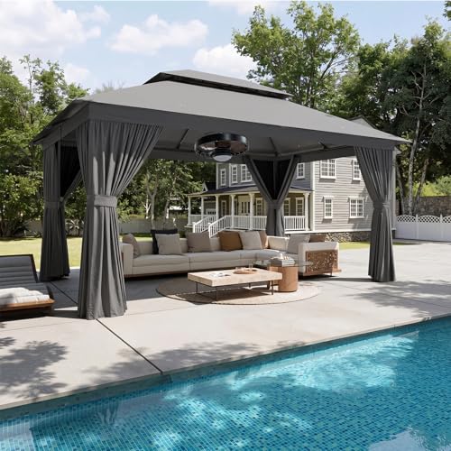 Aoxun 10x12FT Outdoor Gazebo with 20 inch Ceiling Fan Patio Metal Frame Canopy with Double Roofs, Heavy Duty Party Tent with Mosquito Netting and Privacy Screen for Backyard, Lawn, Garden (Gray) - color: Gray, size: 10 X 12 w/20“ Fan Light