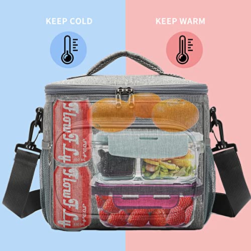 FlowFly Insulated Reusable Lunch Bag Adult Large Lunch Box for Women and Men with Adjustable Shoulder Strap,Front Zipper Pocket and Dual Large Mesh Side Pockets,Grey - color: Gray