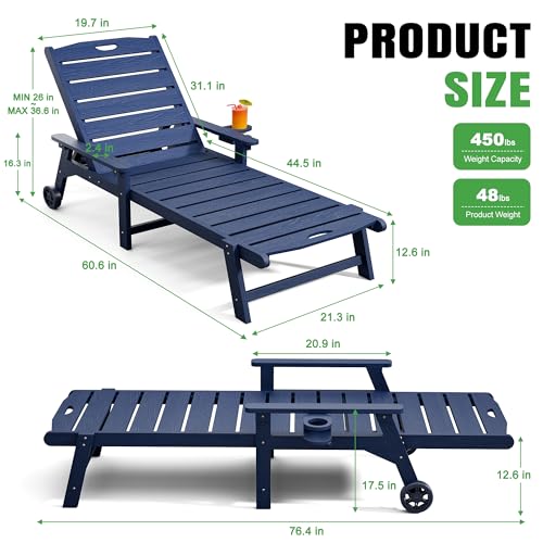 Outdoor Lounge Chair Set of 4 with 5-Position Adjustable, Outside Lounge Chair with Cup Holder, Wheels for Easy Mobility, HDPE Tanning Chair for Poolside, Patio, Blue - color: Blue, size: 4pc