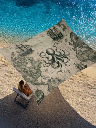 Retro Medieval Sun Shade Sail 6.5' x 10' Map Octopus Nautical Waterproof Sun Shade Rectangle UV Block Canopy Awning Outdoor Sunshade for Patio Porch Pergola Deck Backyard Garden - color: Khaki Gray, size: 6.5' x 10'