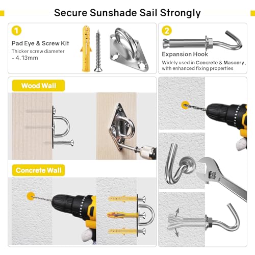 NEREUS Sun Shade Sail Hardware Kit with 12FT Vinyl Coated 304 Stainless Steel Wire Rope for Triangle Rectangle Sun Shade Sail Installation, Shade Sail Installation Kit for Outdoor Patio Garden