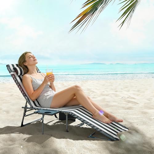 Outsunny Folding Chaise Lounge Chair Outdoor Tanning Chair with Side Table, 5-Level Adjustable Beach Lounge Chair with Headrest, Side Pocket for Patio, Backyard, Beach, Poolside, Blue and White - color: Blue and White