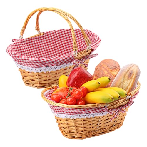 2 Pack 12.6 Inch Natural Wicker Basket with Checkered Lining, Oval Wicker Woven Basket with Handle, Willow Woven Picnic Baskets for Picnic, Camping, Party(Small) - size: 2 Pack 12.6in Natural