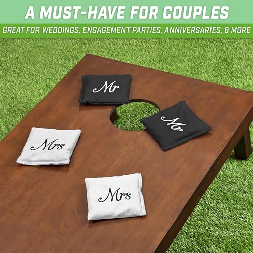 GoSports Wedding Theme Cornhole Bag Set - Includes 4 Black Mr Bags and 4 White Mrs Bags
