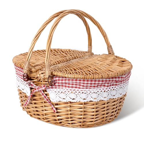 GRANNY SAYS Picnic Basket, Wicker Basket with Lid, Woven Cute Basket with Handle, Storage Basket with Washable Lining & Dual-Flid Lid, Natural Willow Picnic Hamper, Red Lining - color: Red