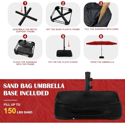 Sundale Outdoor 15ft Large Patio Umbrella with Base Included and Umbrella Cover, Outdoor Double-Sided Umbrella - color: Red