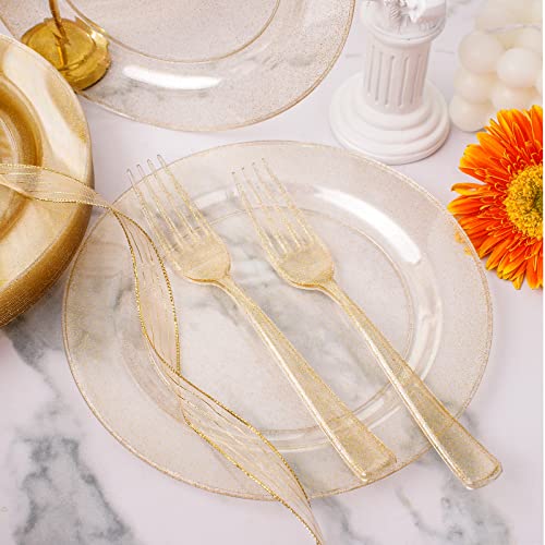 WELLIFE 150PCS Gold Plastic Plates – Gold Glitter Disposable Dinnerware Set for 50 Guests (7.5" Dessert Plates), Includes 50 Plates, 50 Cups & 50 Forks for Wedding & Birthday Party Tableware - color: Gold Glitter(150pcs), size: 50 Guests