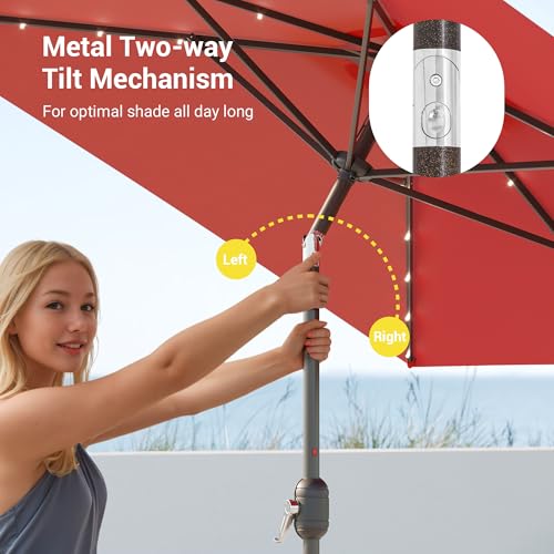 Rectangle Patio Umbrella with Solar Lights, 10 x 6.5ft Rectangular Outdoor Umbrella Table Market Patio Umbrella with Push Button Tilt and Crank for Garden, Deck, Backyard, Pool - color: Chill Red