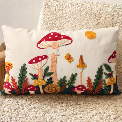 Embroidered Lumbar Pillow Cover 20x12 Inch - Spring Summer Boho Decorative Pillow Cover with Zipper for Living Room Couch Sofa Bed Aesthetic Design Mushroom Moon Cushion Pillowcase - color: Mushroom Moon, size: 20" x 12" (Pack of 1)