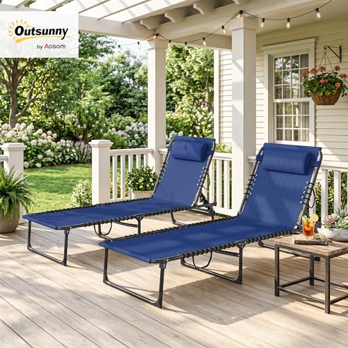 Outsunny Folding Chaise Lounge Chair Set of 2, Patio Sun Tanning Chair, Outdoor Chaise Lounger with 4-Position Reclining Back, Breathable Mesh Seat for Beach, Poolside, Yard, Blue - color: Blue, size: 2 Packs