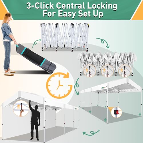 COBIZI Carport 10x30 Pop Up Canopy Car Tent with One Push Center Lock, Outdoor Portable Garage Tents for Parties UPF50+ Waterproof All-Season Car Canopy with Wheeled Bag,3 Sidewalls, Adjustable Height - color: White, size: 10x30 FT