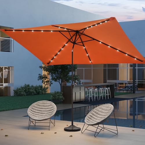 Rectangle Patio Umbrella with Solar Lights, 10 x 6.5ft Rectangular Outdoor Umbrella Table Market Patio Umbrella with Push Button Tilt and Crank for Garden, Deck, Backyard, Pool - color: Orange
