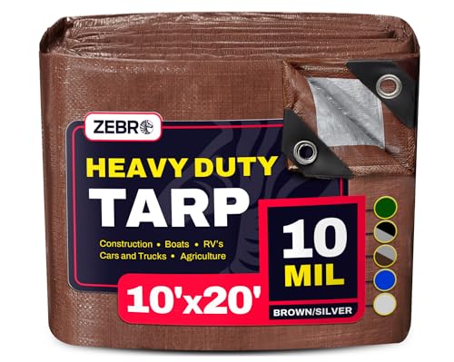 10' x 20' Brown/Silver Heavy Duty Tarp with Grommets Reinforced - 10 Mil Thick - Double Sided Plastic Waterproof Tarps - Large Tarpaulin Cover for Outdoor Camping Tent Tarp RV Roof Rain - Zebro - color: Brown/Silver, size: 10' x 20'