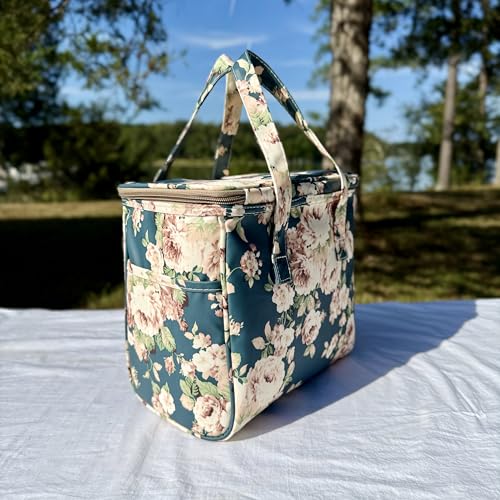 Kwang Min Floral Insulated Lunch Bag for Women,Reusable Lunch Box,Large Cooler for Office,Picnic Outdoors,Premium Waterproof Fabric,Ideal Floral Lunch Bag (Peony Navy) - color: Peony Navy