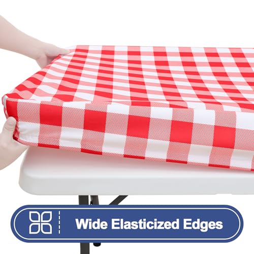 Smiry Picnic Table Cloth 2 Pack, Waterproof Elastic Fitted Tablecloths for 18x72 Rectangle Tables, Washable Polyester Buffalo Plaid Tablecloth for Camping, Dining & Outdoor (Red & White, 18" x 72") - color: Red and White, size: 18" x 72"