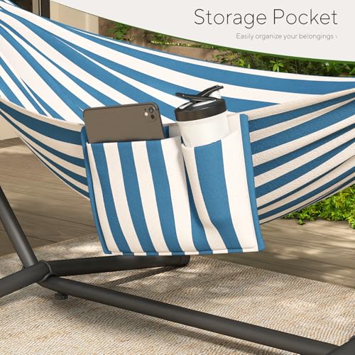 600lbs Hammock with Stand for Outside, 2 Person Portable Hammock with Side Storage, Carrying Bag, Expend Wooden Bar for Outdoor or Indoor (Blue White) - color: Blue White