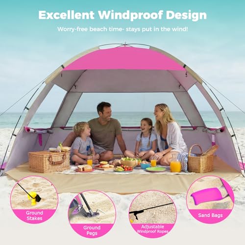 Venustas Beach Tent Sun Shelter for 3/4/6/8 Person, UPF 50+ UV Protection Beach Canopy, Lightweight and Easy Setup Cabana, Portable Shade Tent - color: Pink, size: 4 Person